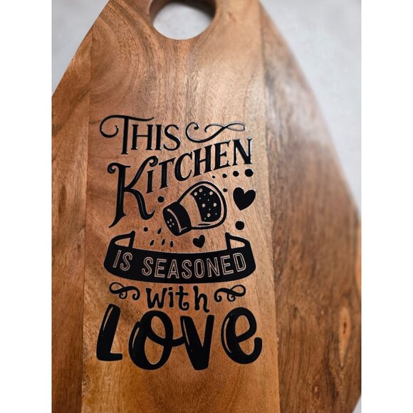 Handmade Acacia Wood Cutting Board With "This Kitchen Is Seasoned With Love" - Picture 6 of 7